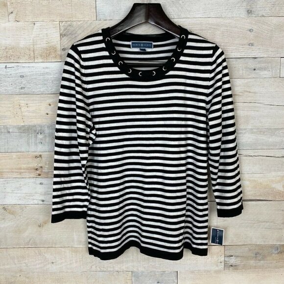 Karen Scott Grommet Sweater Black White Stripe XL - Picture 1 of 6